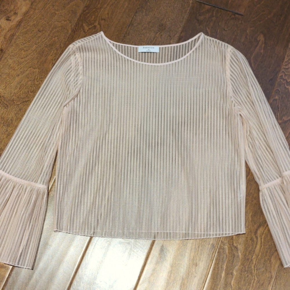 Sheer blush Babaton cropped blouse with bell sleeves in XS. NWOT.